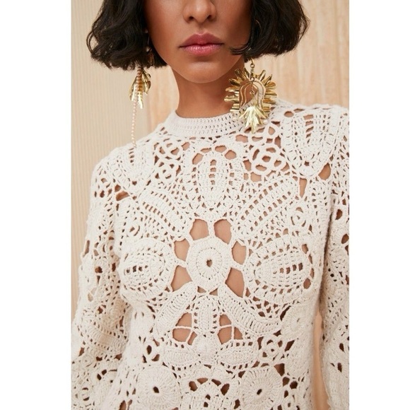 Ulla Johnson Aamina Hand Crocheted Semi Sheer Cotton Mini Dress Neutral - Picture 11 of 12